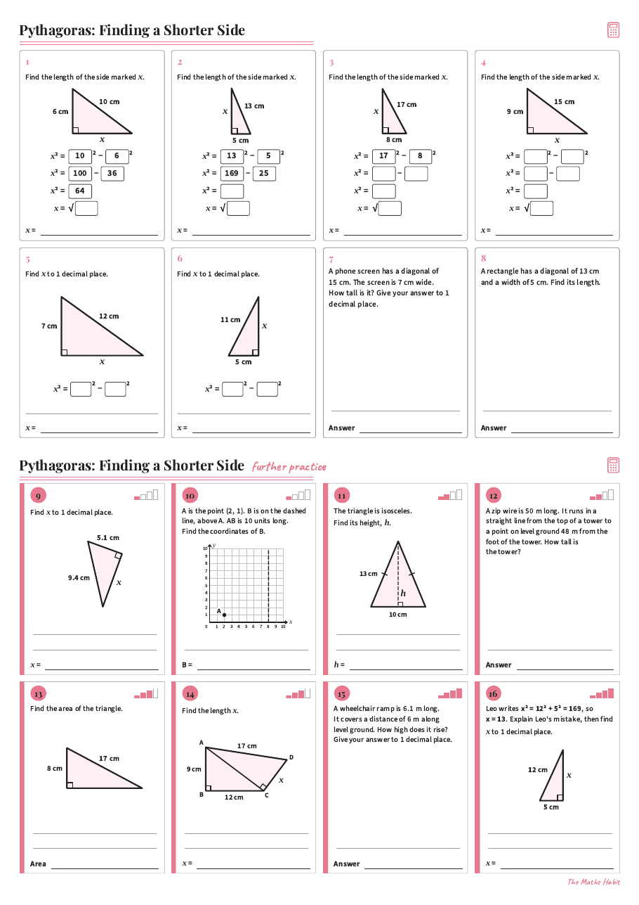 Pythagoras: finding a shorter side, first page