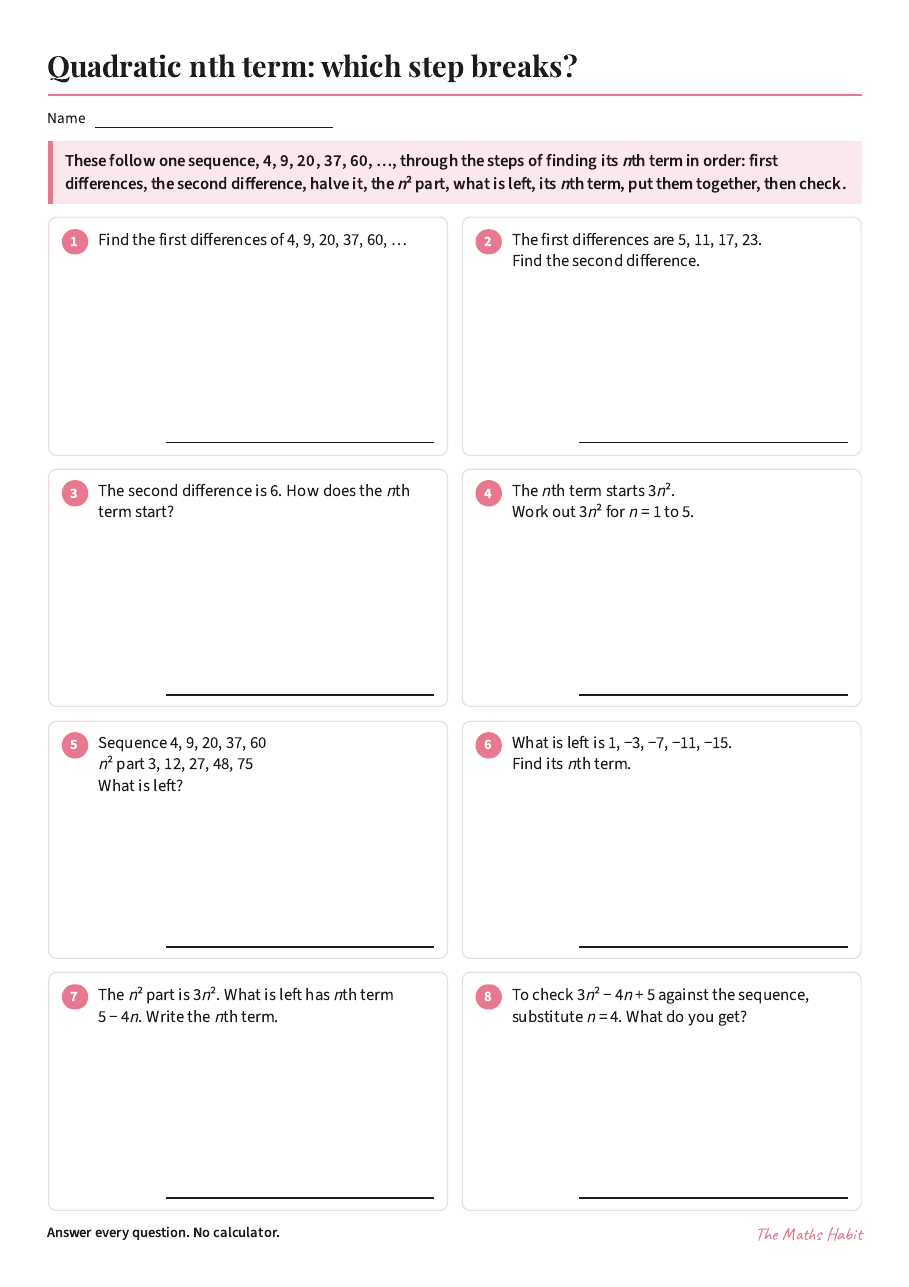 Quadratic nth term: which step breaks?, first page