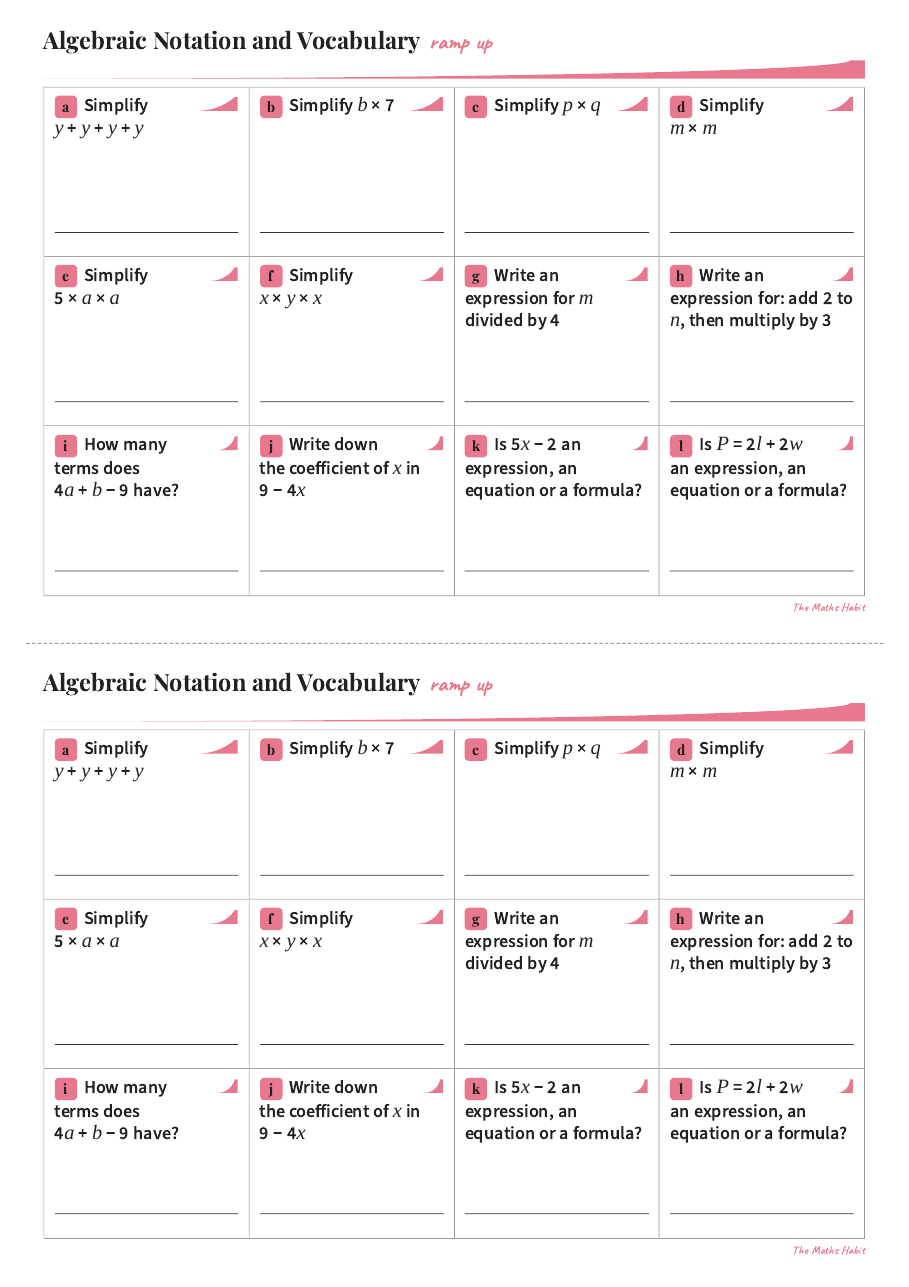 Ramp up: algebraic notation and vocabulary, first page