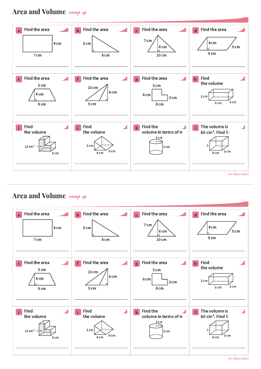 Ramp up: area of shapes and volume of prisms, first page