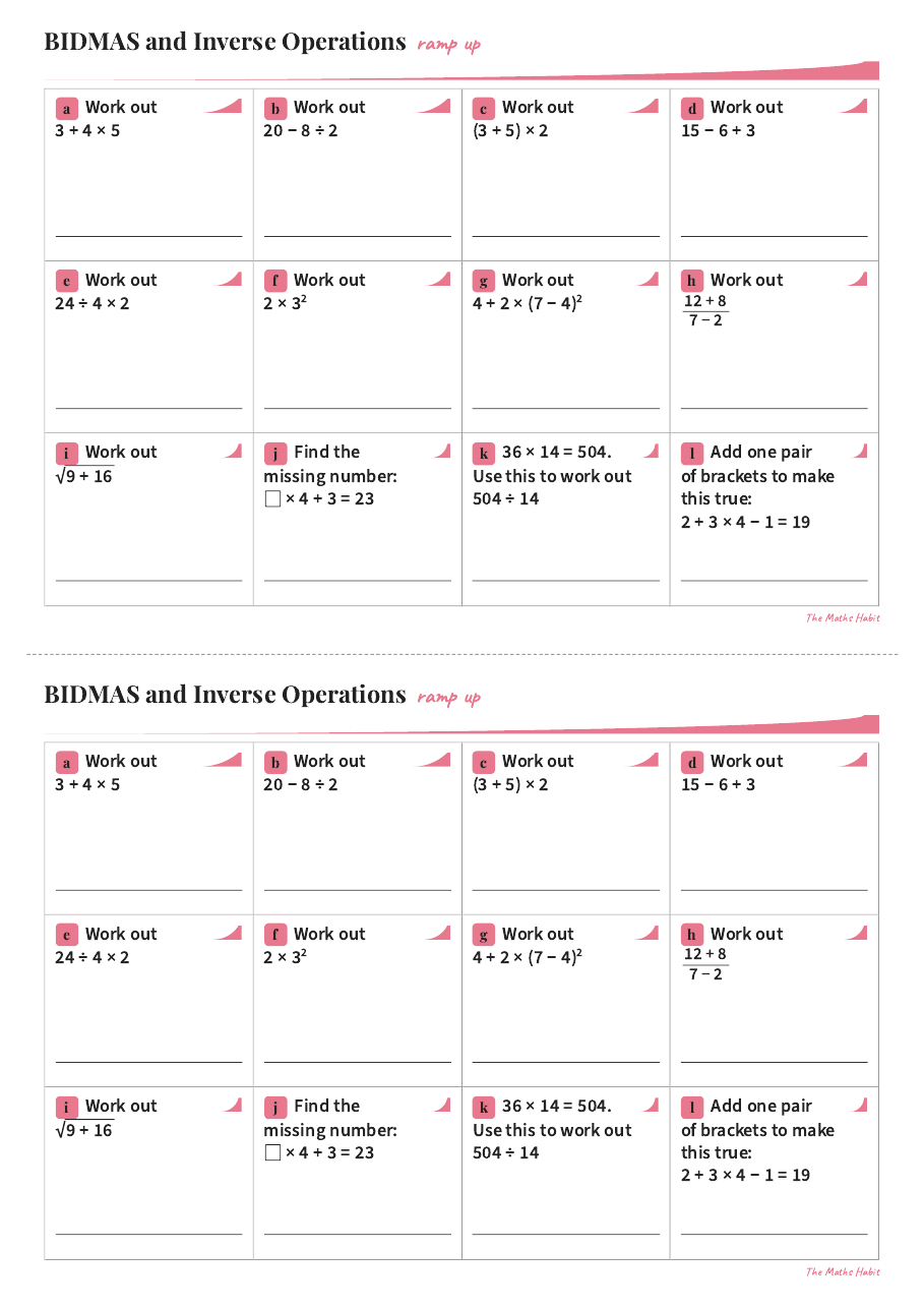Ramp up: BIDMAS and inverse operations, first page