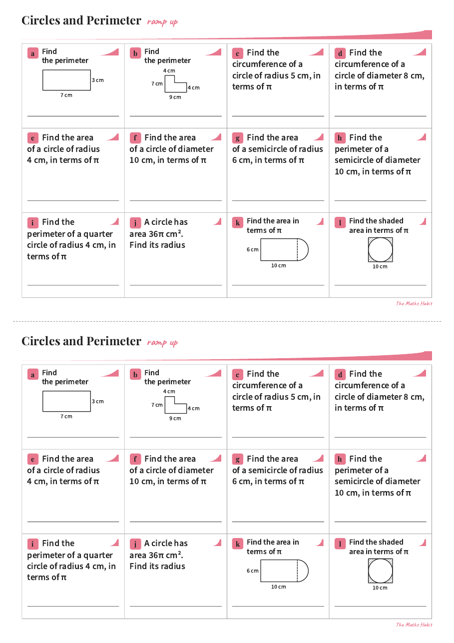 Ramp up: circles and perimeter, first page