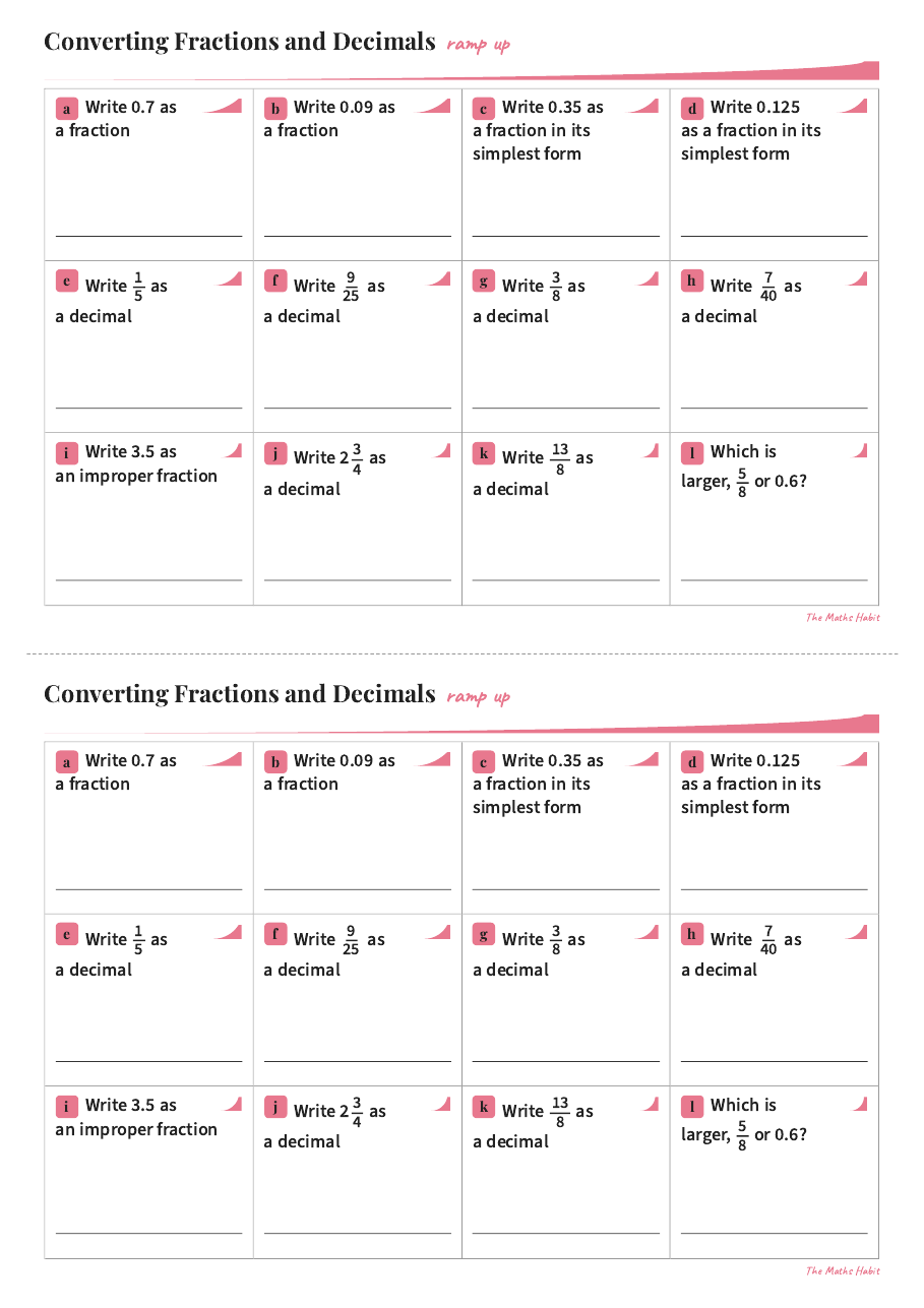 Ramp up: converting fractions and decimals, first page