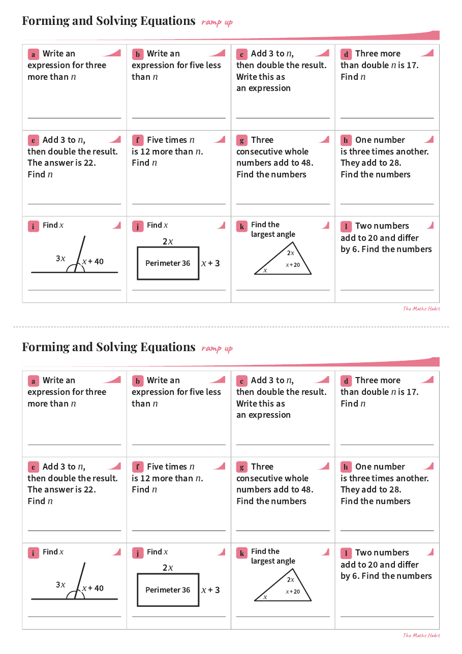 Ramp up: forming and solving equations, first page