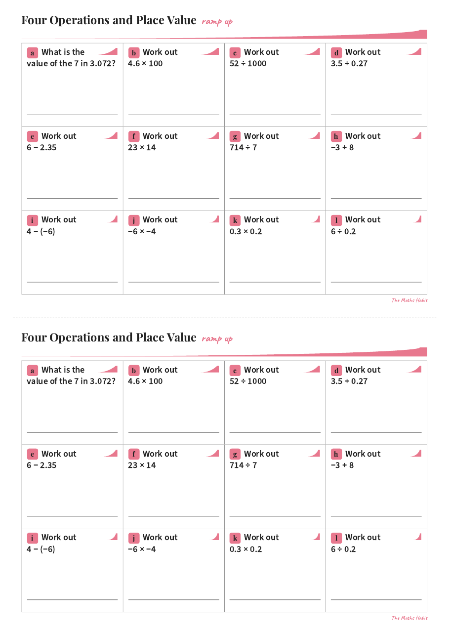 Ramp up: four operations and place value, first page
