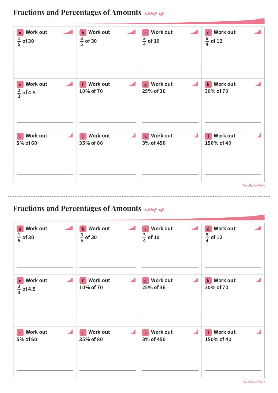 Ramp up: fractions and percentages of amounts, first page