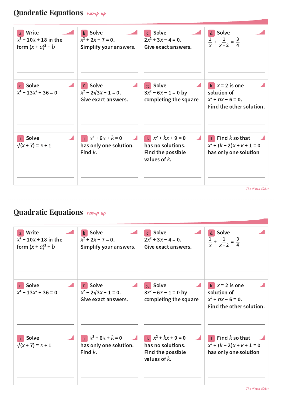 Ramp up: quadratic equations, Extend, first page