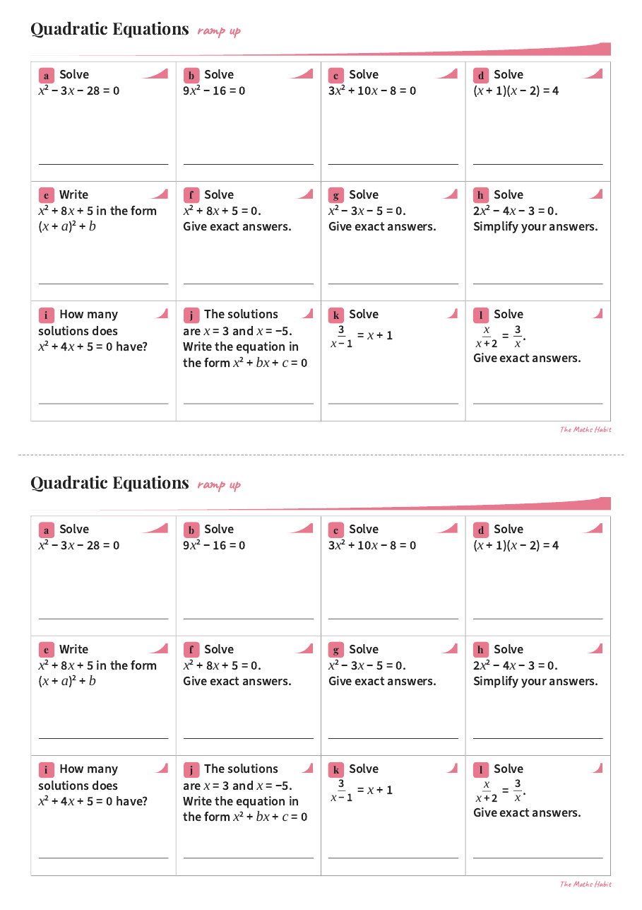 Ramp up: quadratic equations, Stretch, first page