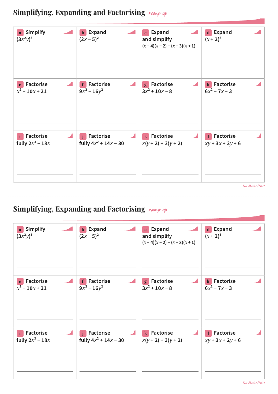 Ramp up: simplifying, expanding and factorising, Stretch, first page