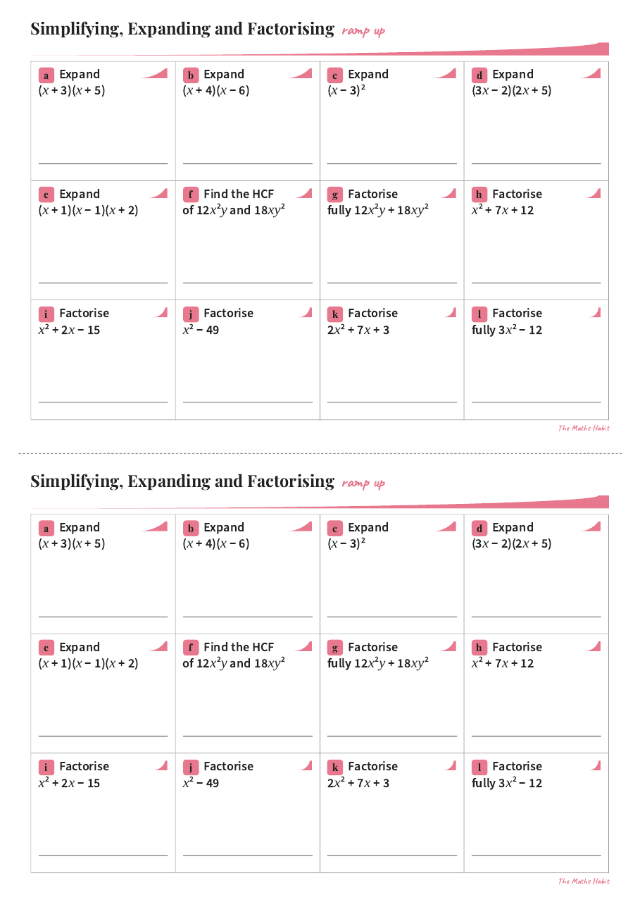 Ramp up: simplifying, expanding and factorising, first page