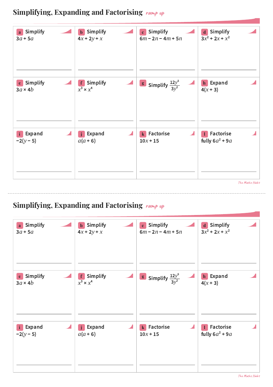 Ramp up: simplifying, expanding and factorising, first page