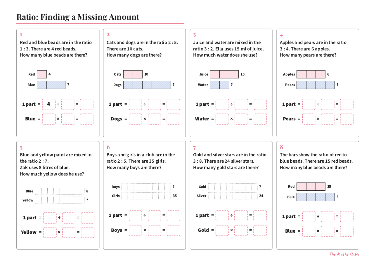 Ratio: finding a missing amount, first page