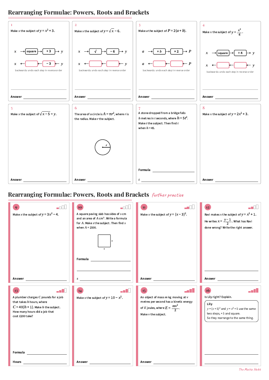 Rearranging formulae: powers, roots and brackets, first page