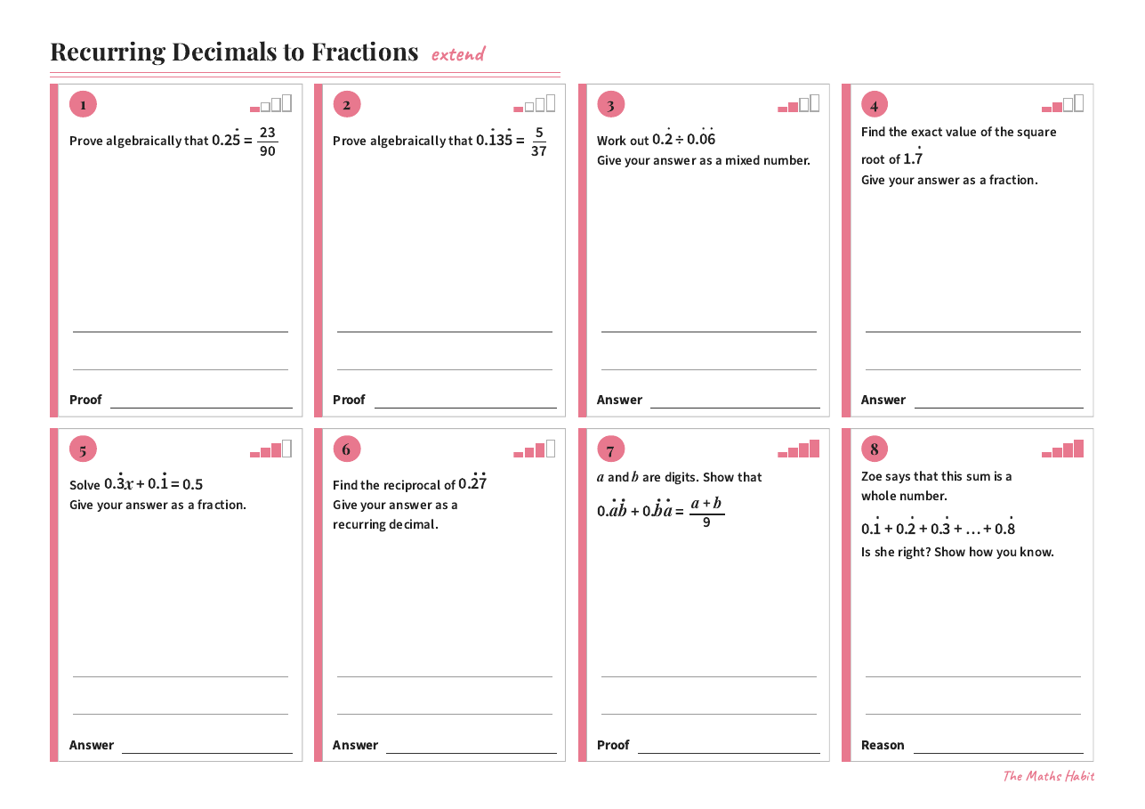Recurring decimals to fractions, Extend, first page