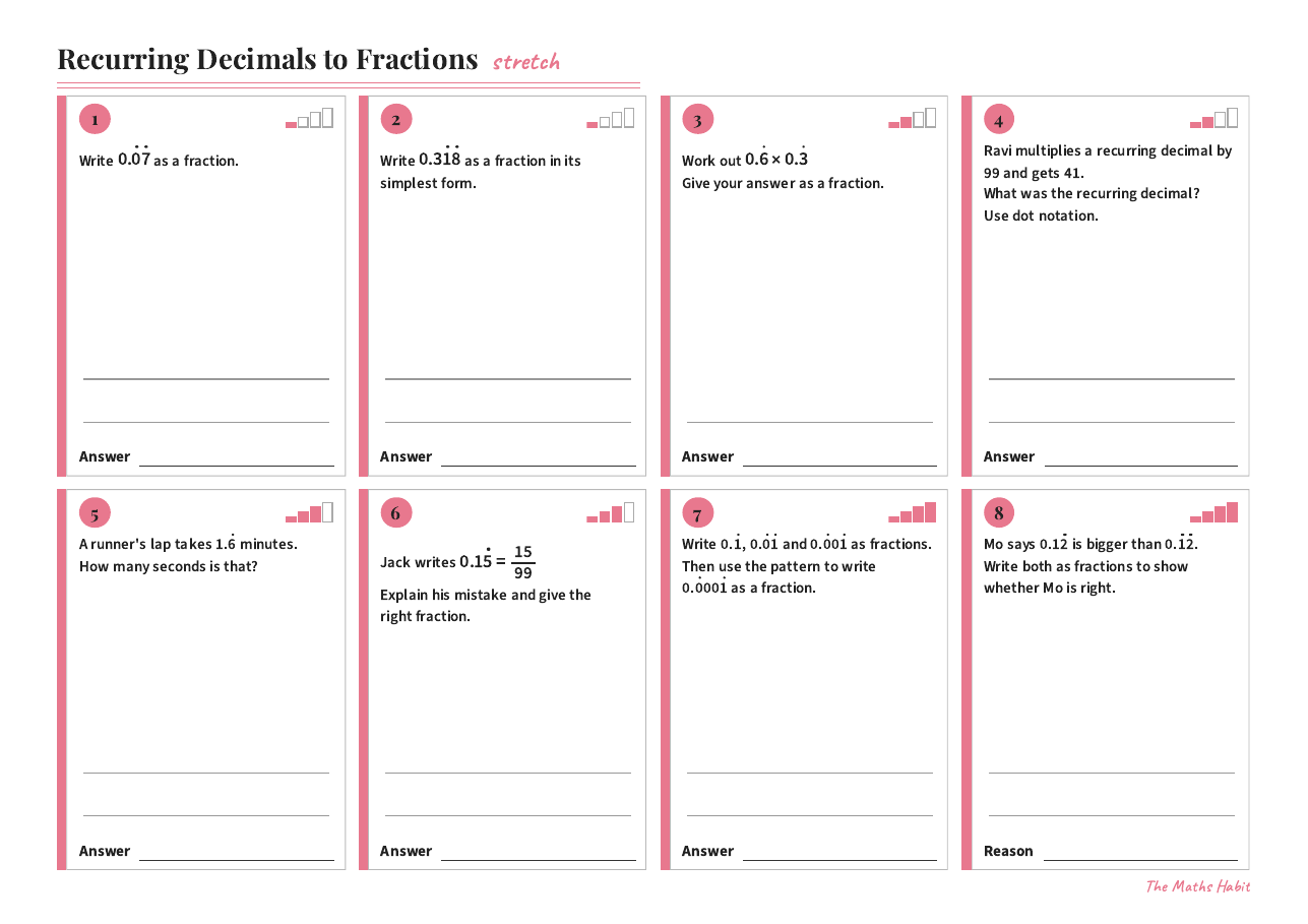 Recurring decimals to fractions, Stretch, first page