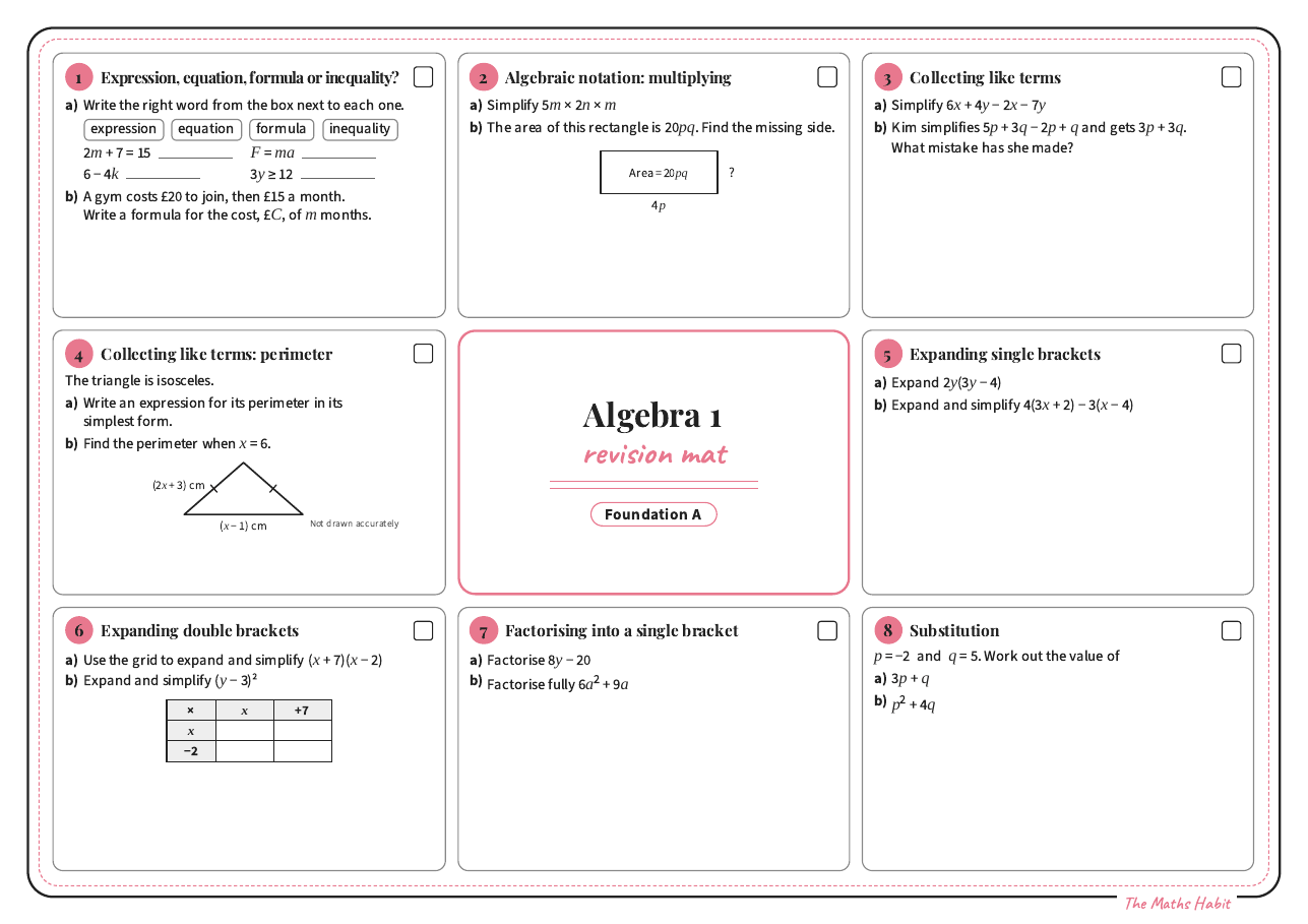 Revision mat: algebra 1, Foundation A, first page