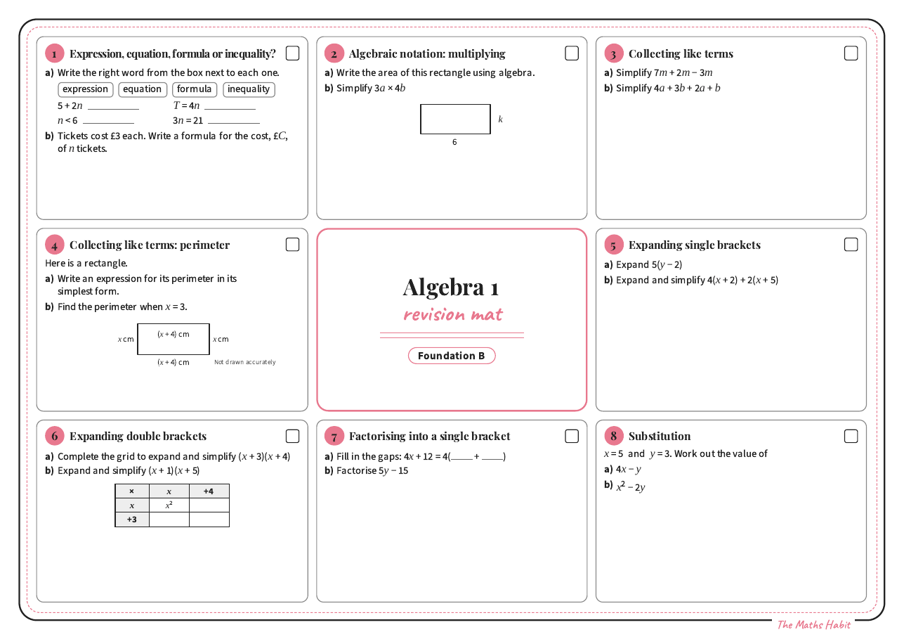 Revision mat: algebra 1, Foundation B, first page