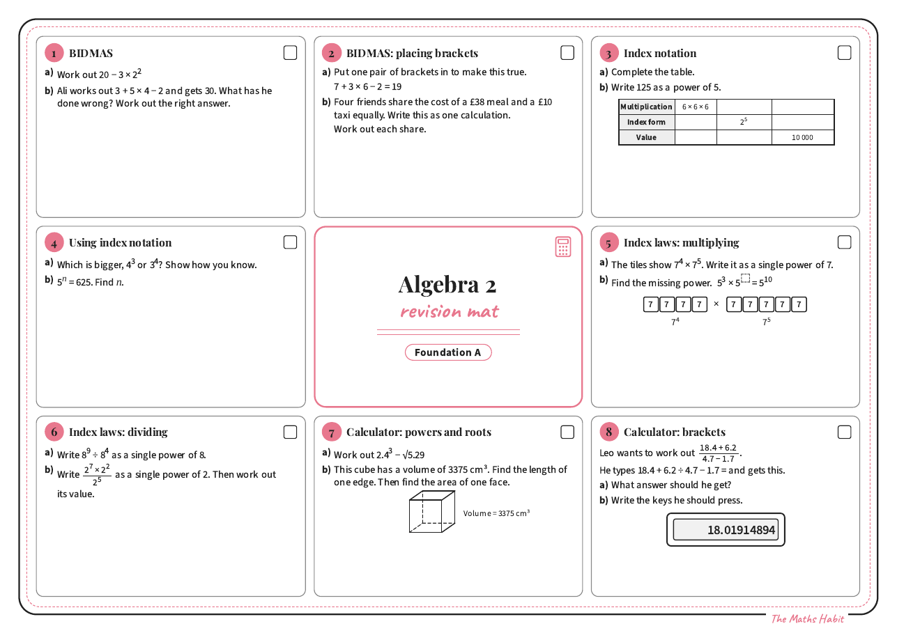 Revision mat: algebra 2, Foundation A, first page