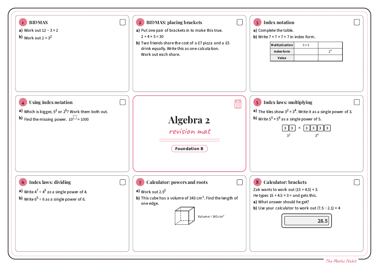 Revision mat: algebra 2, Foundation B, first page