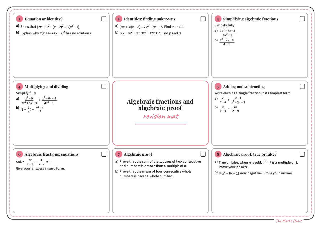 Revision mat: algebraic fractions and algebraic proof, Extend, first page