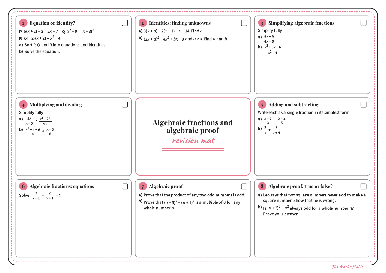 Revision mat: algebraic fractions and algebraic proof, Stretch, first page
