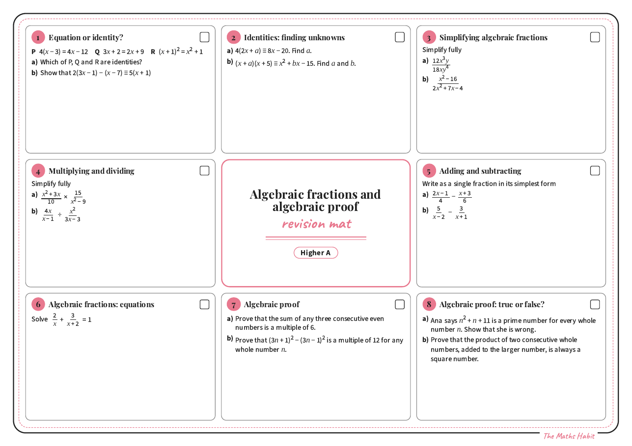 Revision mat: algebraic fractions and algebraic proof, Higher A, first page