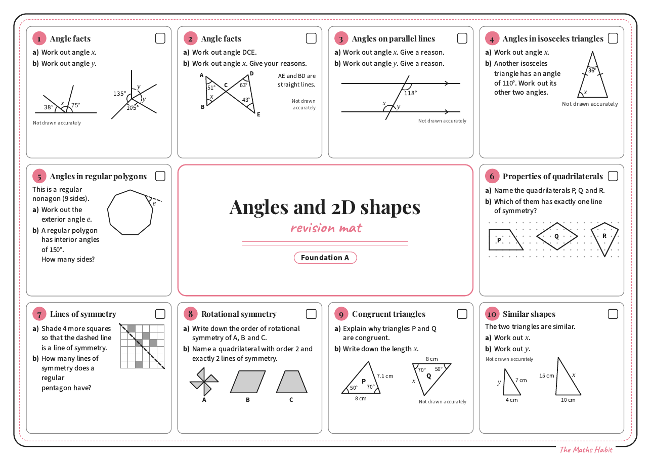 Revision mat: angles and 2D shapes, Foundation A, first page