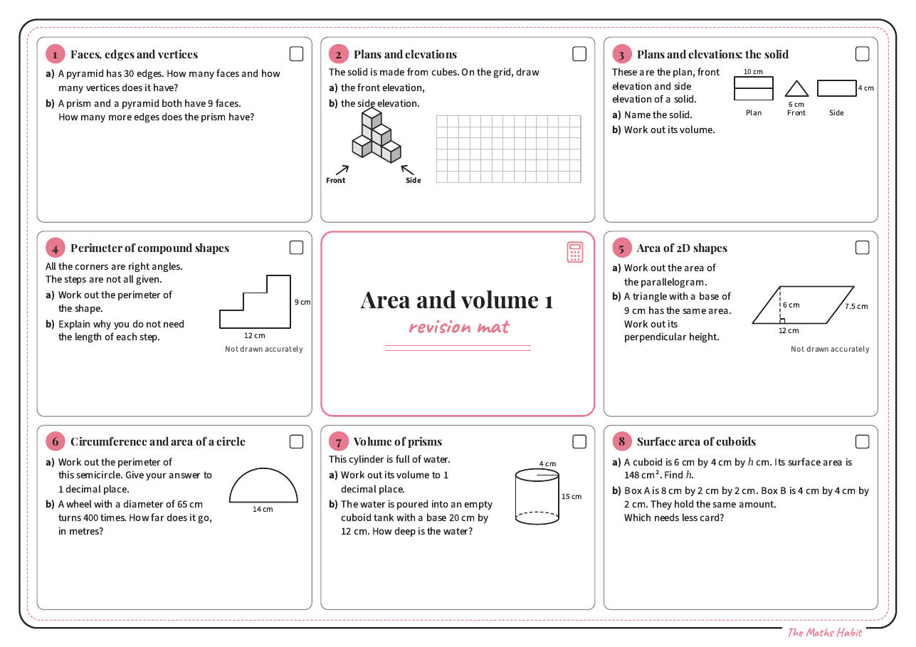 Revision mat: area and volume 1, Stretch, first page