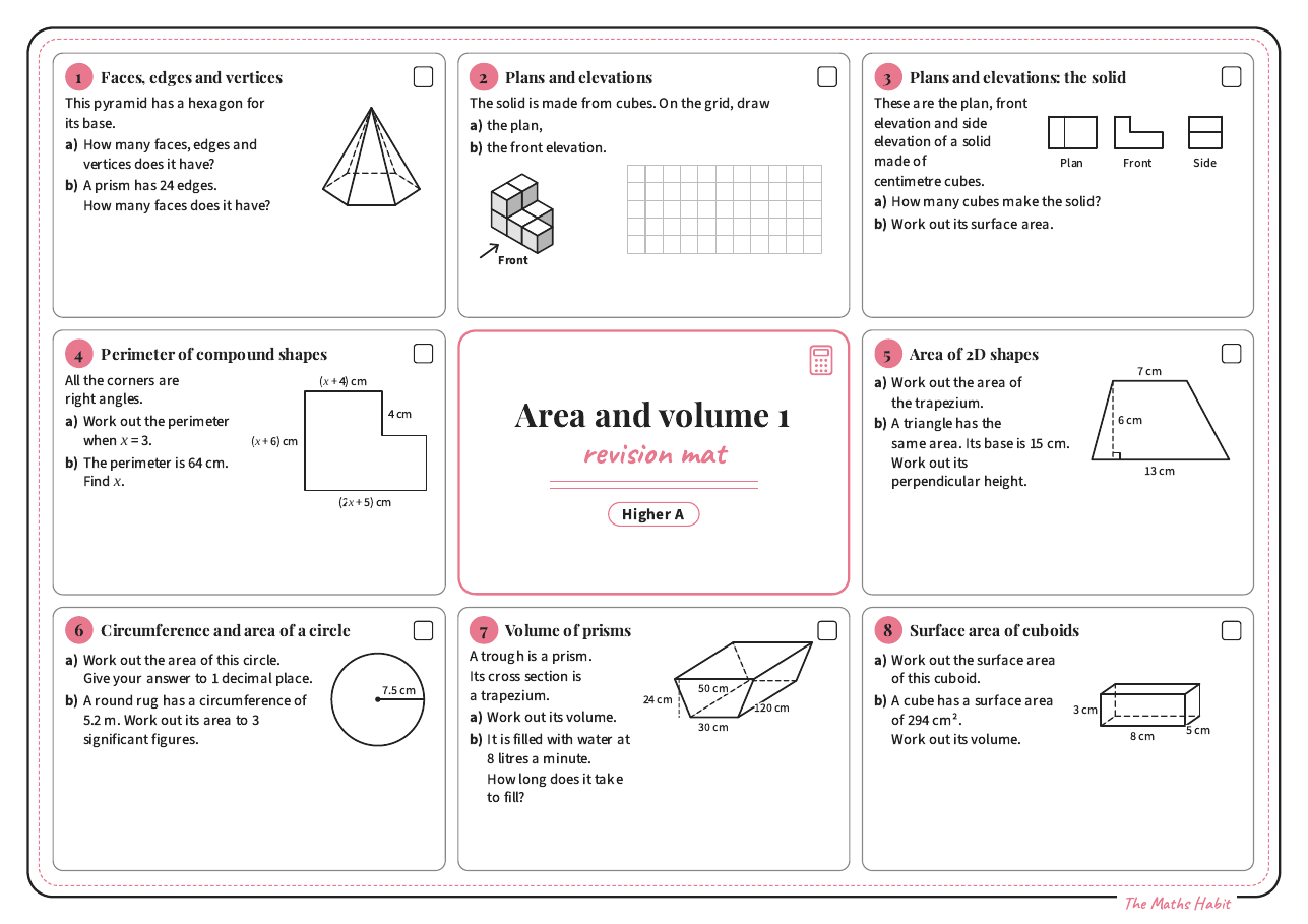 Revision mat: area and volume 1, Higher A, first page