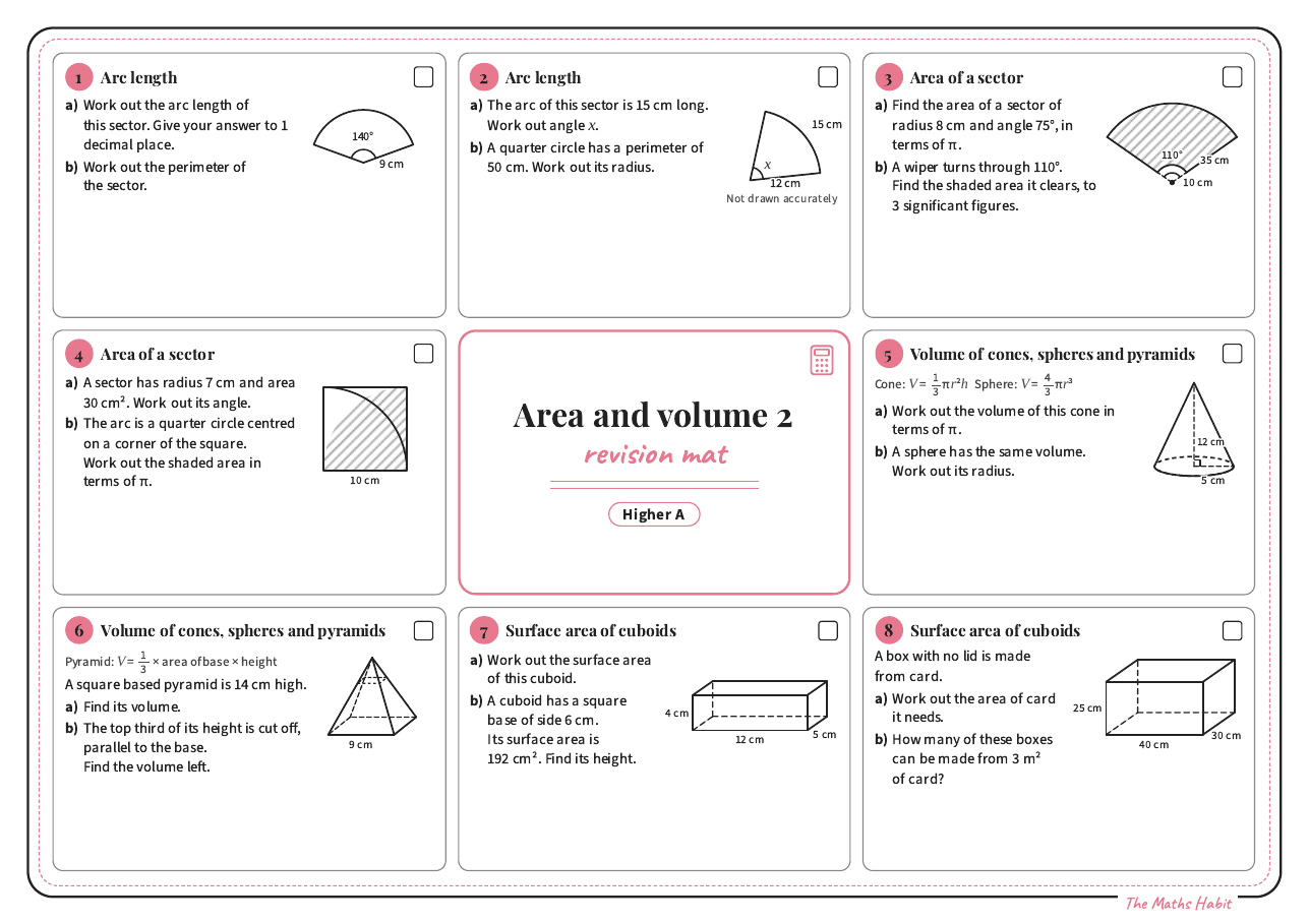 Revision mat: area and volume 2, Higher A, first page