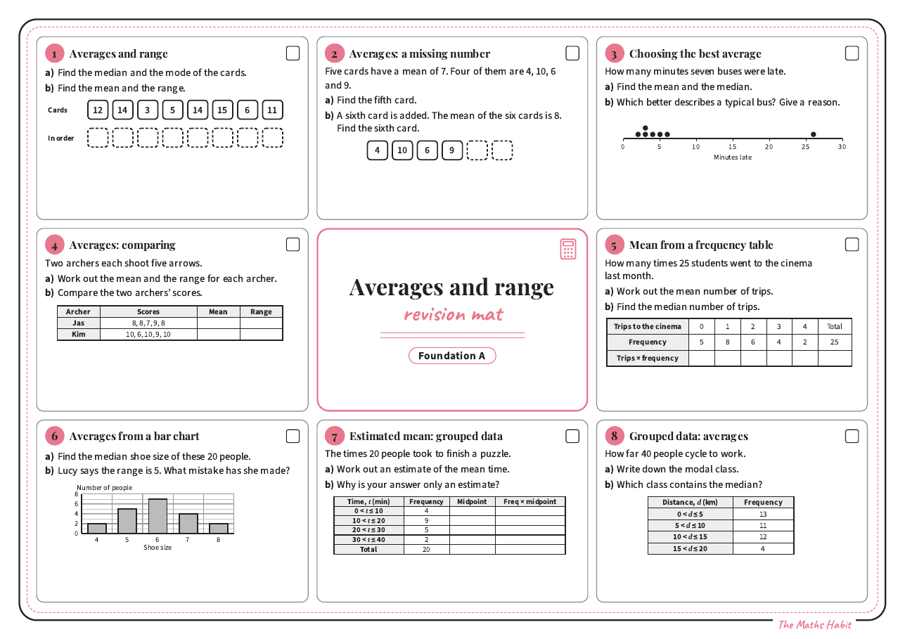 Revision mat: averages and range, Foundation A, first page