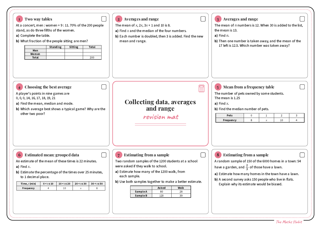 Revision mat: collecting data, averages and range, Extend, first page