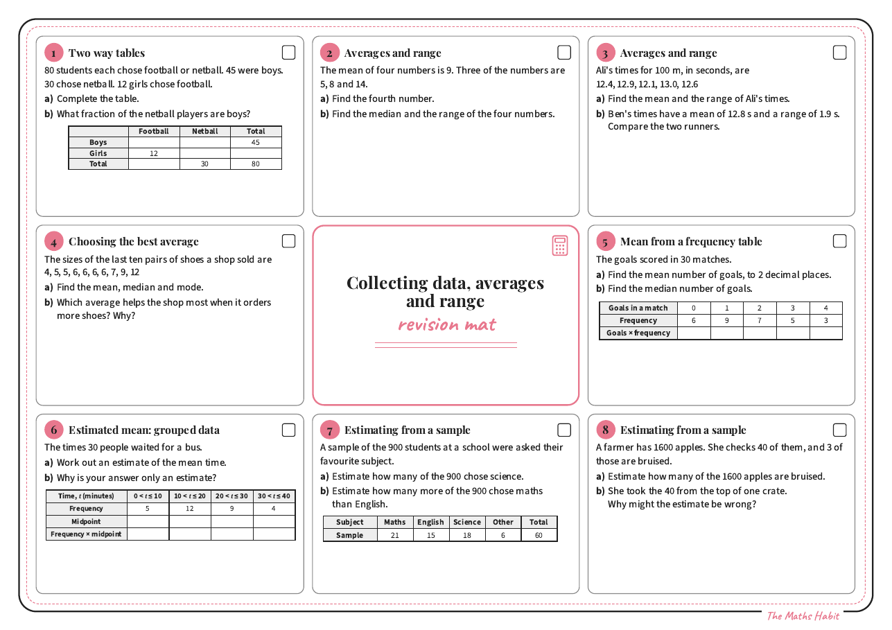 Revision mat: collecting data, averages and range, Stretch, first page