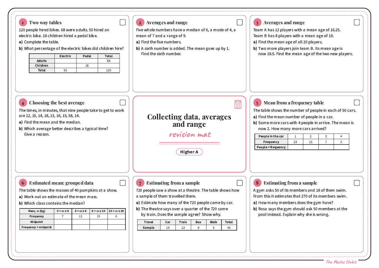 Revision mat: collecting data, averages and range, Higher A, first page