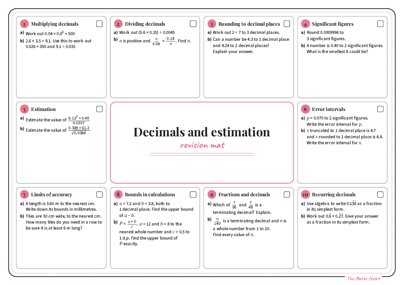 Revision mat: decimals and estimation, Extend, first page