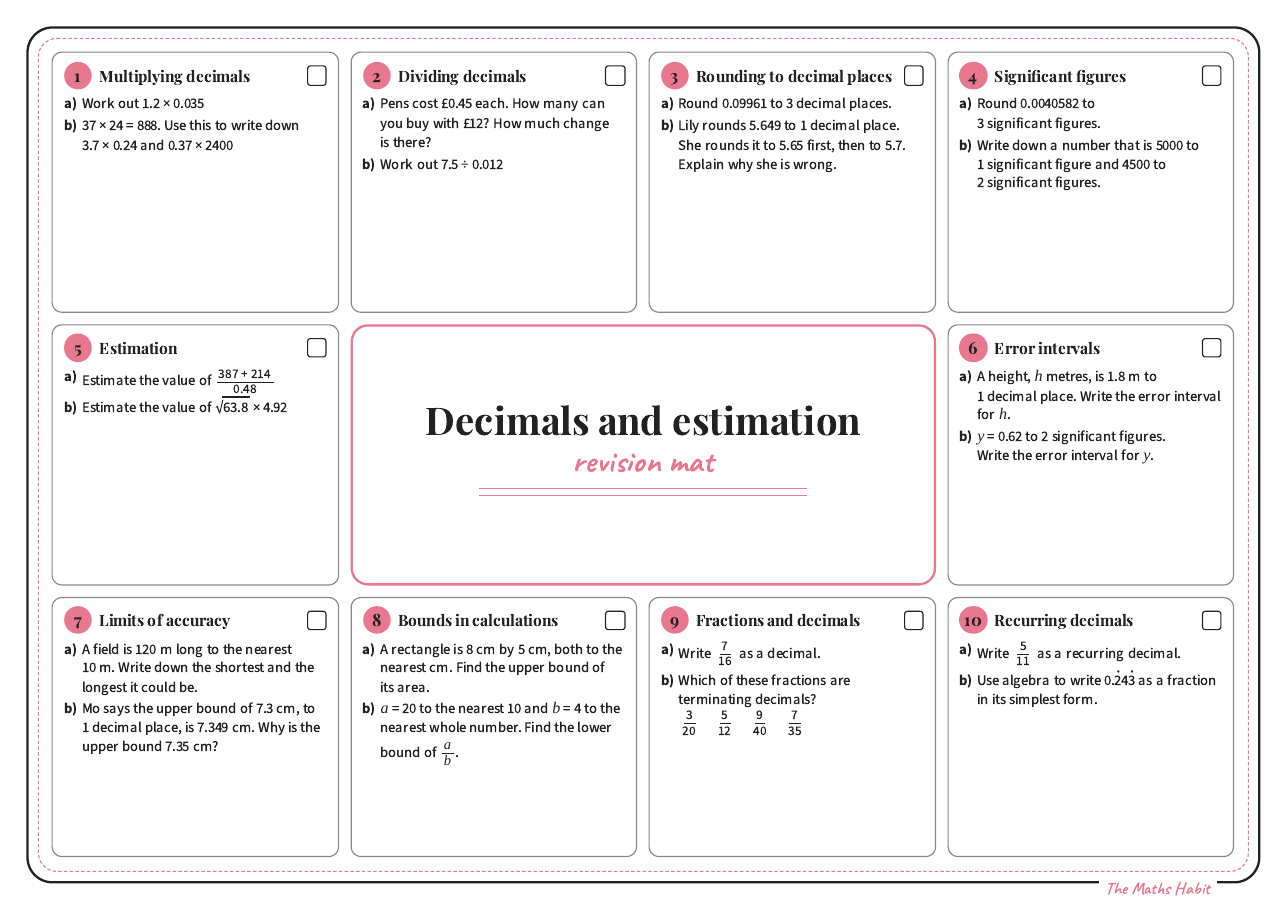 Revision mat: decimals and estimation, Stretch, first page
