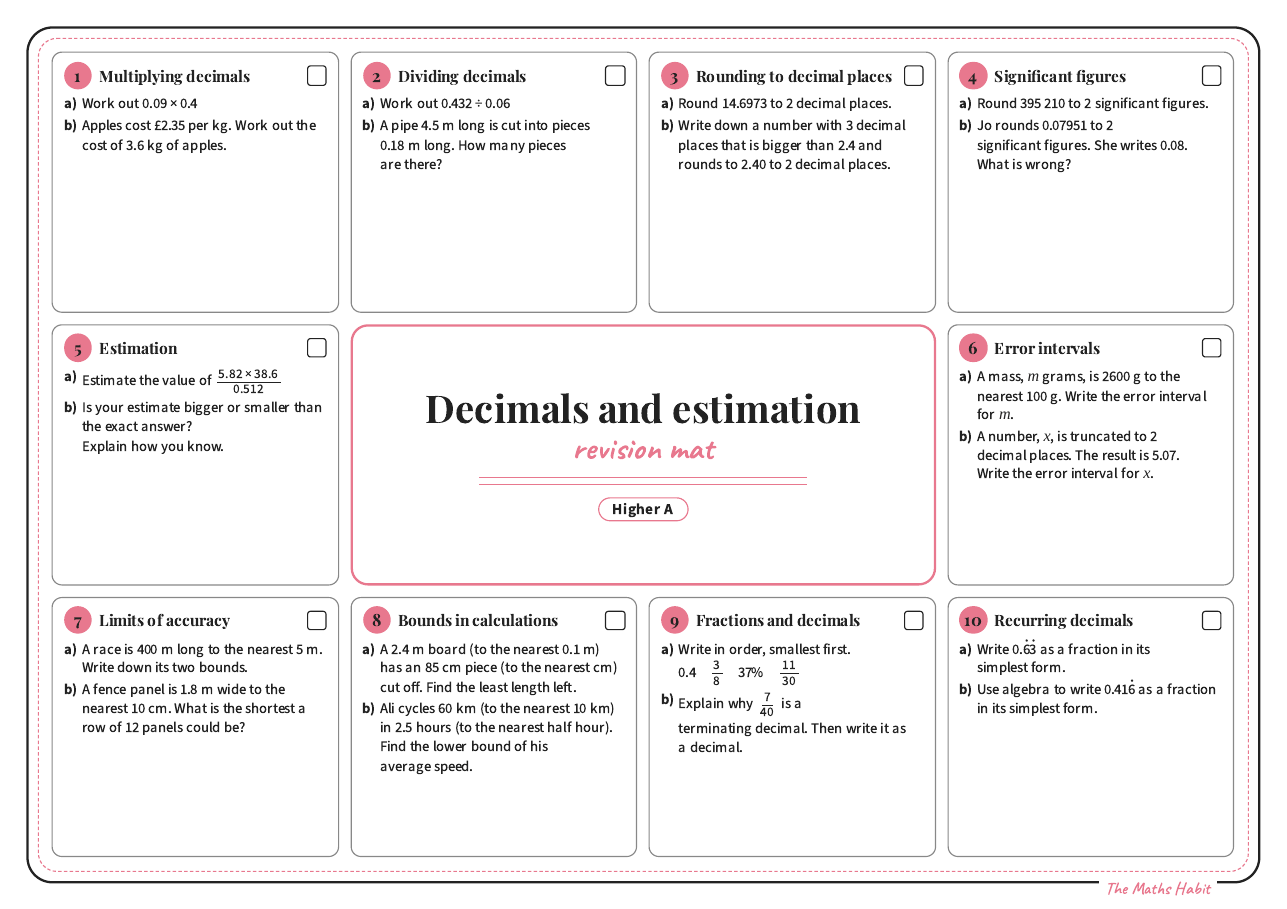 Revision mat: decimals and estimation, Higher A, first page