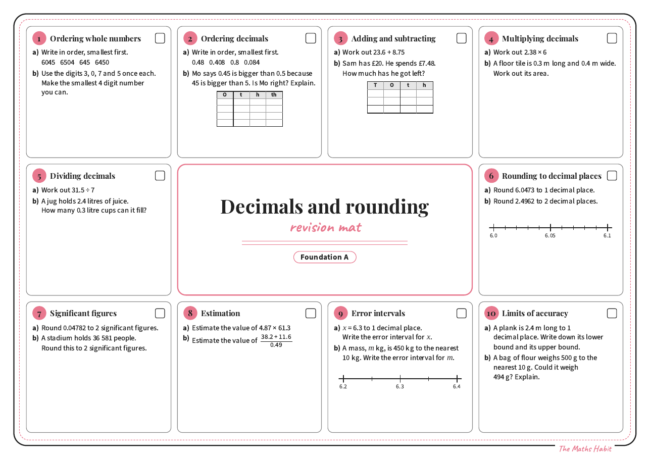 Revision mat: decimals and rounding, Foundation A, first page