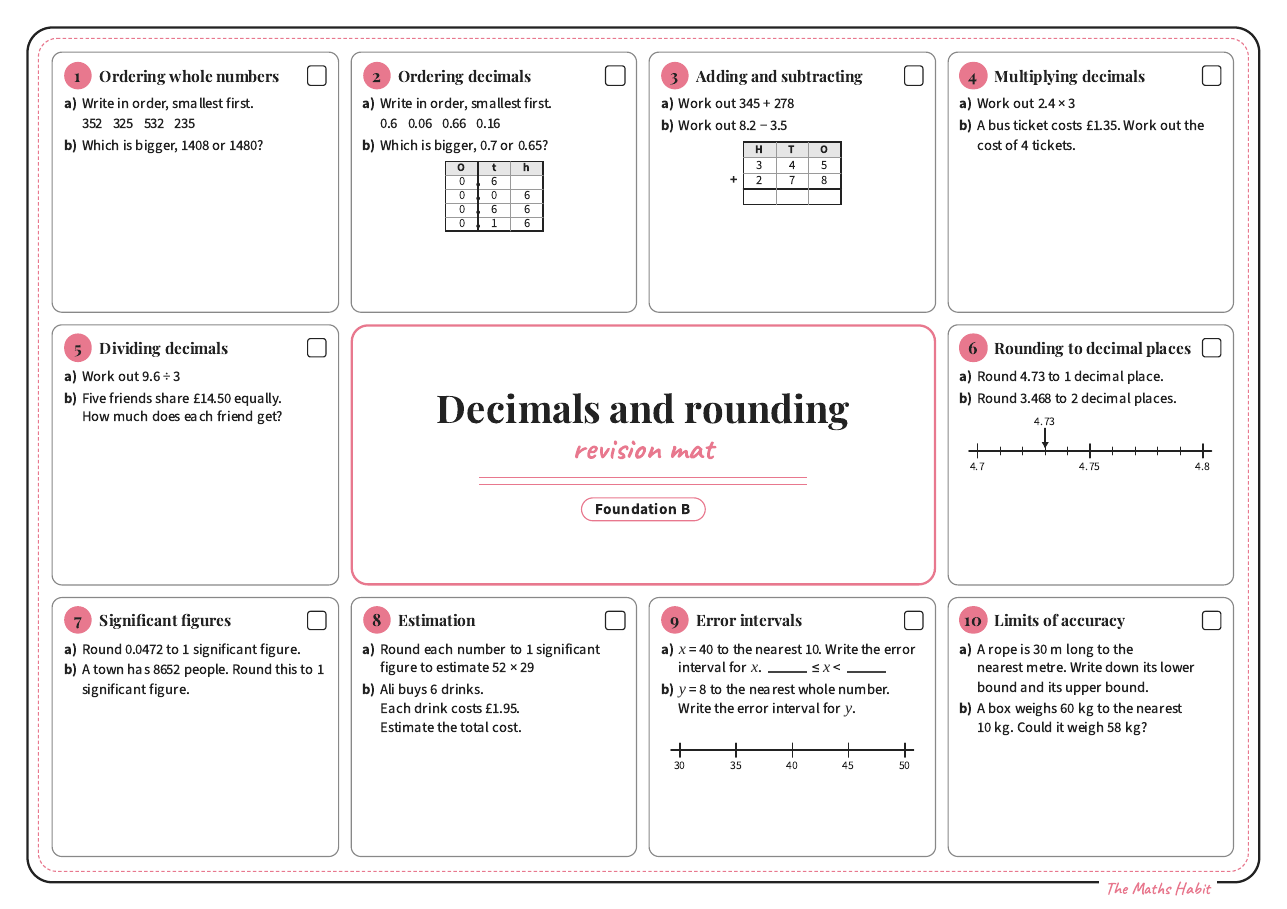Revision mat: decimals and rounding, Foundation B, first page