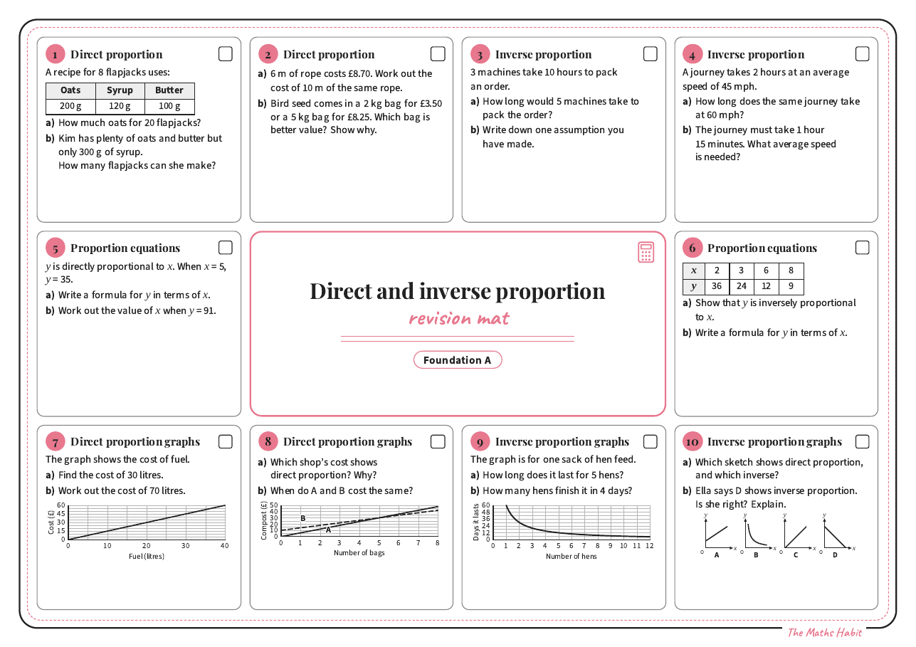 Revision mat: direct and inverse proportion, Foundation A, first page