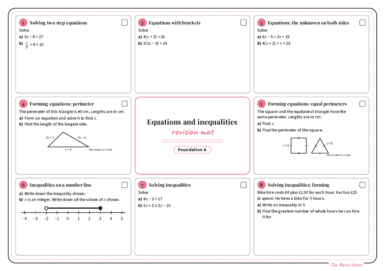 Revision mat: equations and inequalities, Foundation A, first page