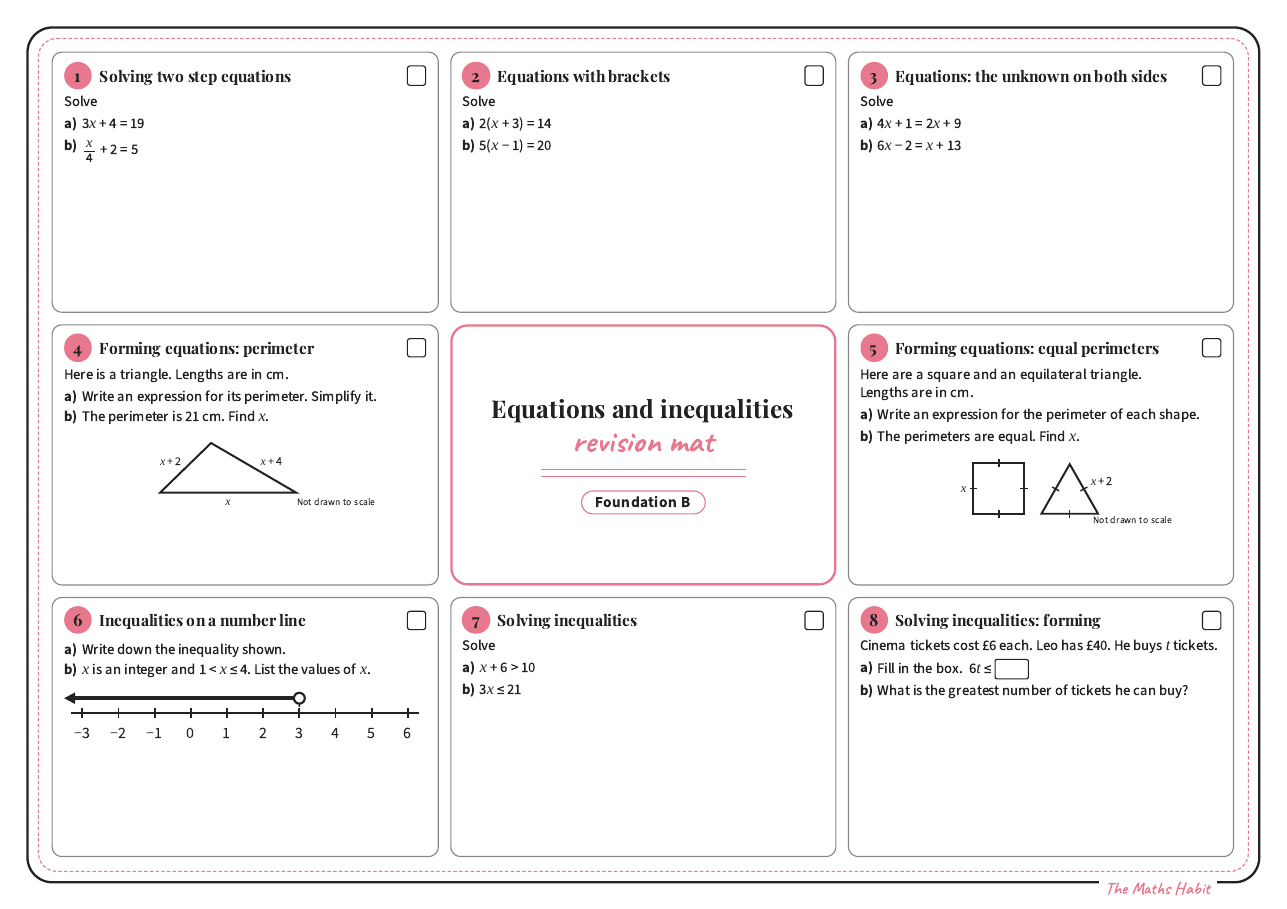 Revision mat: equations and inequalities, Foundation B, first page