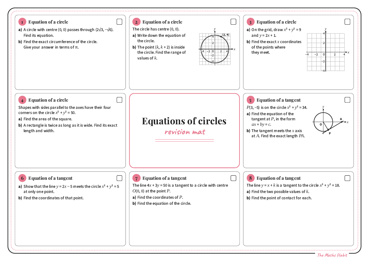 Revision mat: equations of circles, Extend, first page