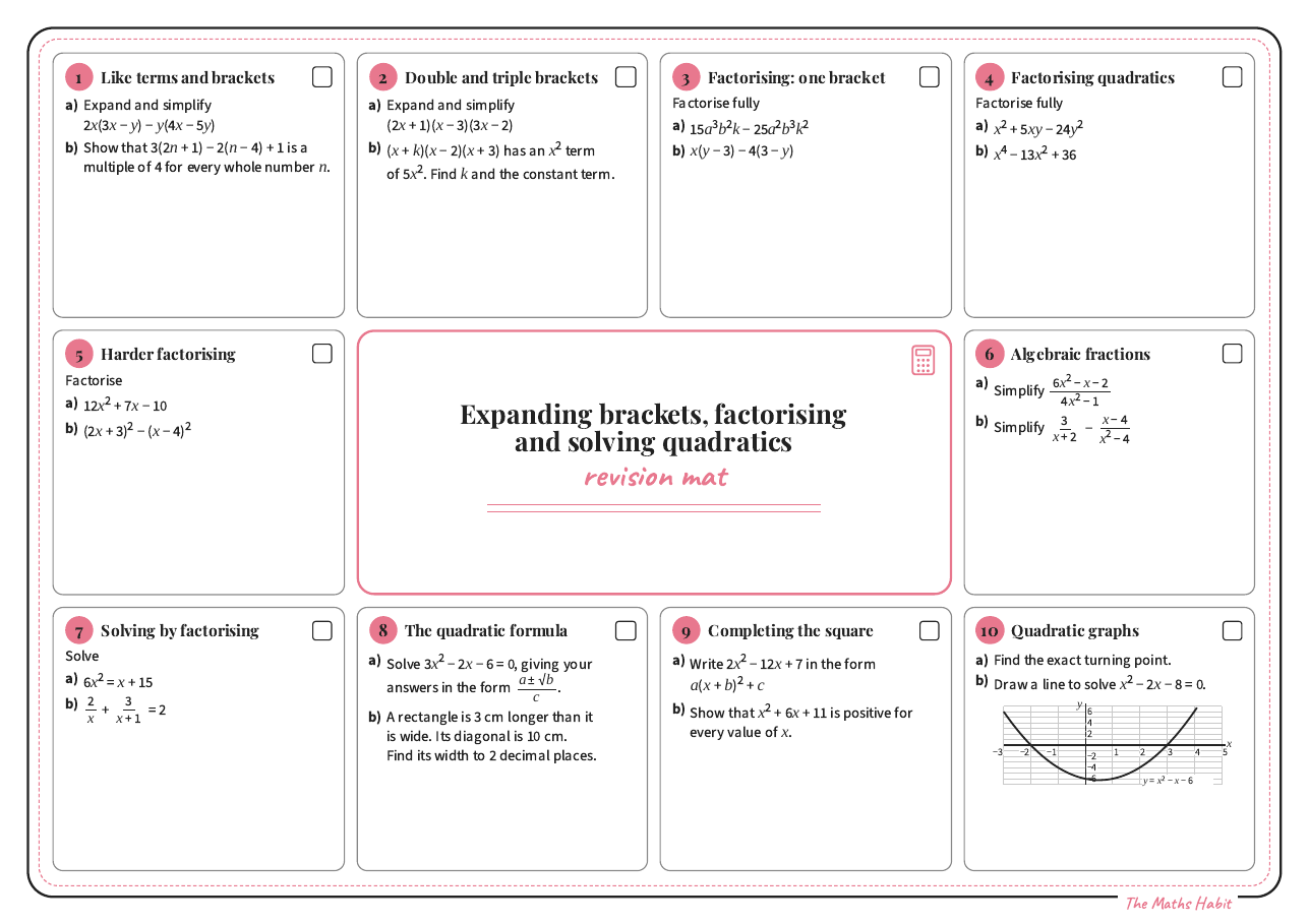 Revision mat: expanding brackets, factorising and solving quadratics, Extend, first page