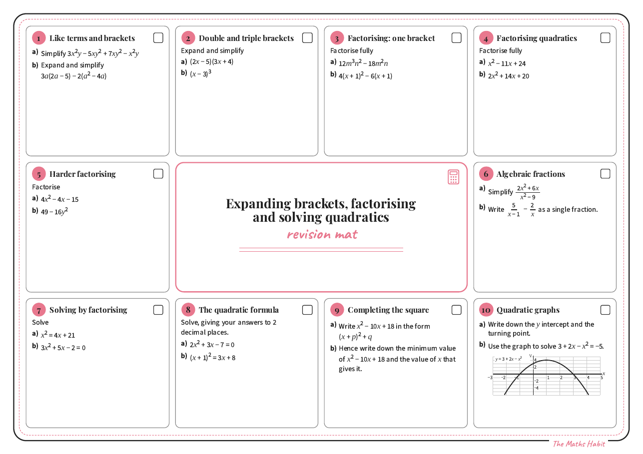 Revision mat: expanding brackets, factorising and solving quadratics, Stretch, first page