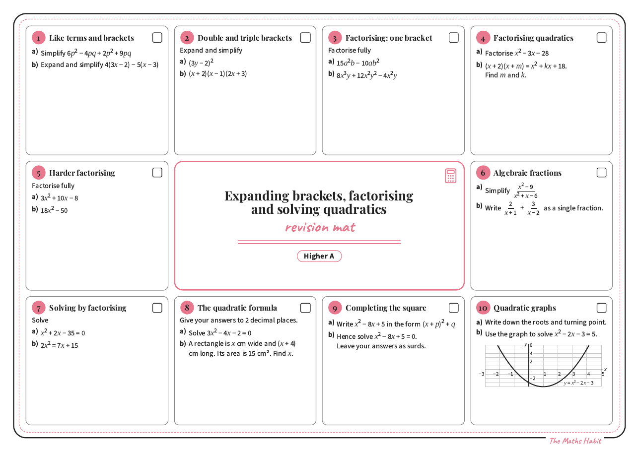 Revision mat: expanding brackets, factorising and solving quadratics, Higher A, first page