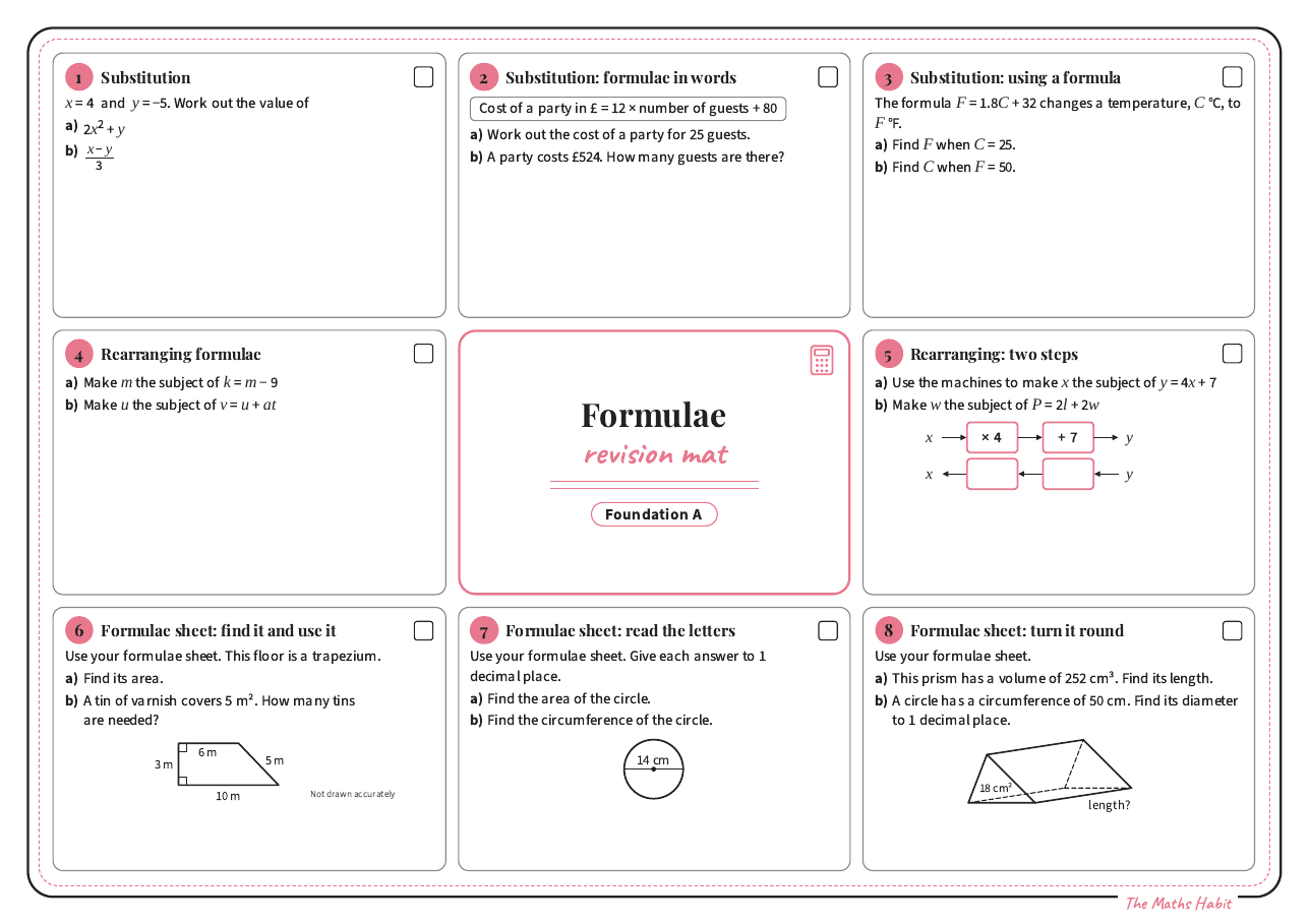 Revision mat: formulae, Foundation A, first page