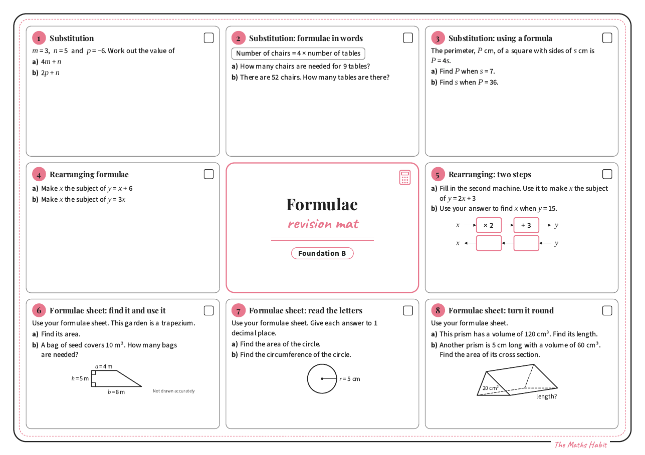Revision mat: formulae, Foundation B, first page