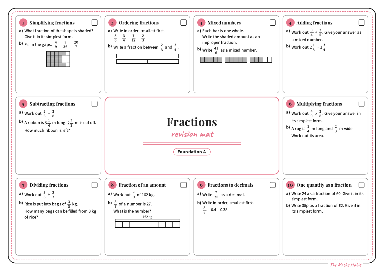 Revision mat: fractions, Foundation A, first page