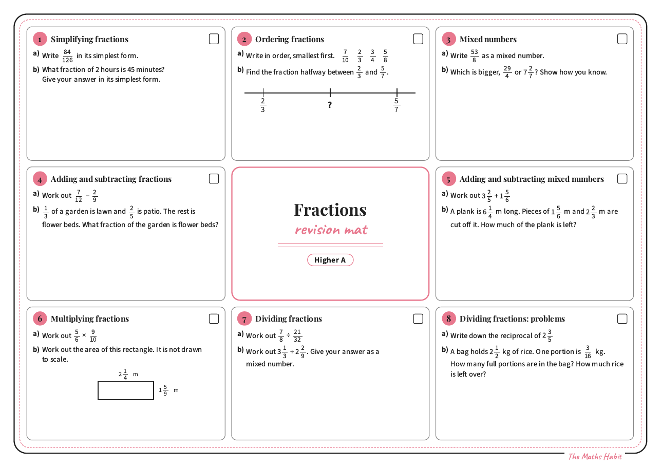 Revision mat: fractions, Higher A, first page